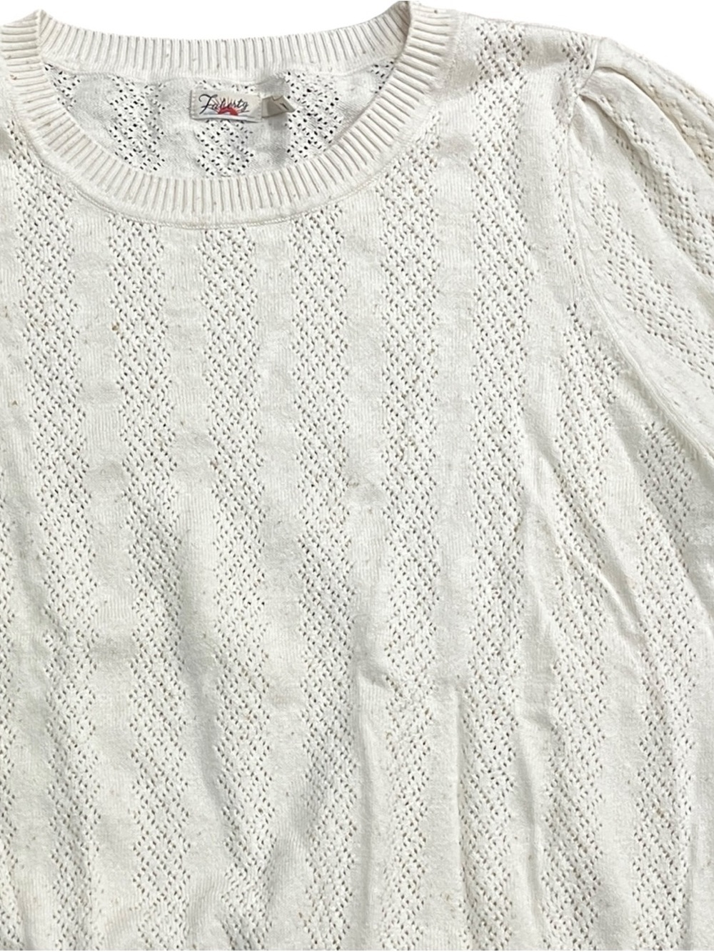 Faherty Lola Pointelle Sweater Women’s L Egret Off White Cotton Pleated Shoulder - Picture 3 of 9